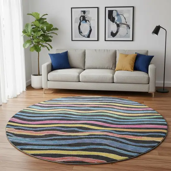 8' X 8' Black Yellow Blue And Pink Striped Washable Round Rug With UV Protection Photo 2