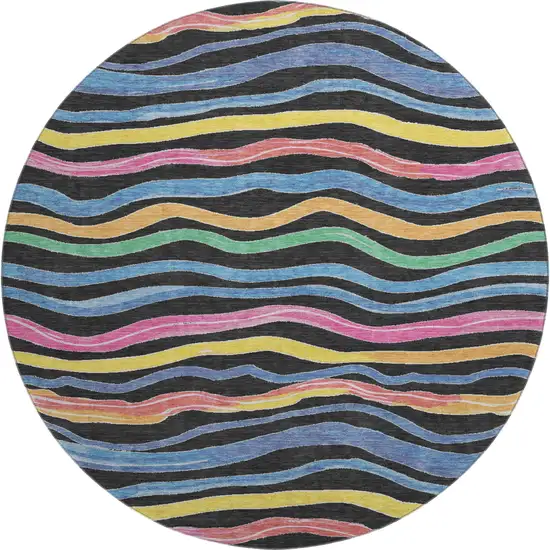 8' X 8' Black Yellow Blue And Pink Striped Washable Round Rug With UV Protection Photo 1