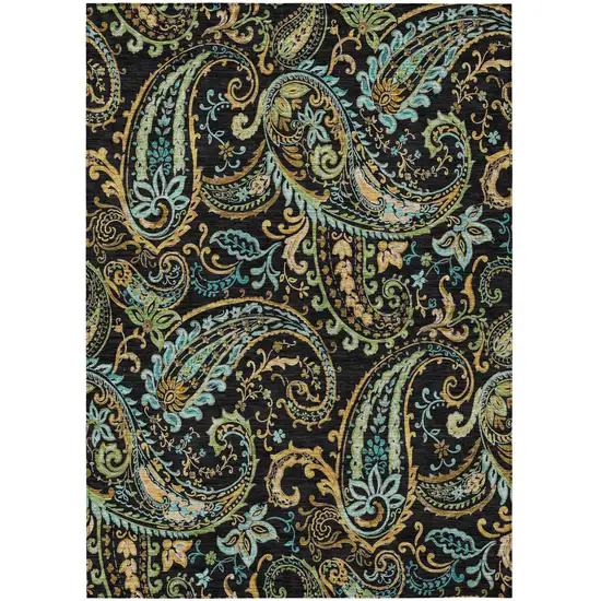 3' X 5' Black and Gold Paisley Washable Non Skid Indoor Outdoor Area Rug Photo 2