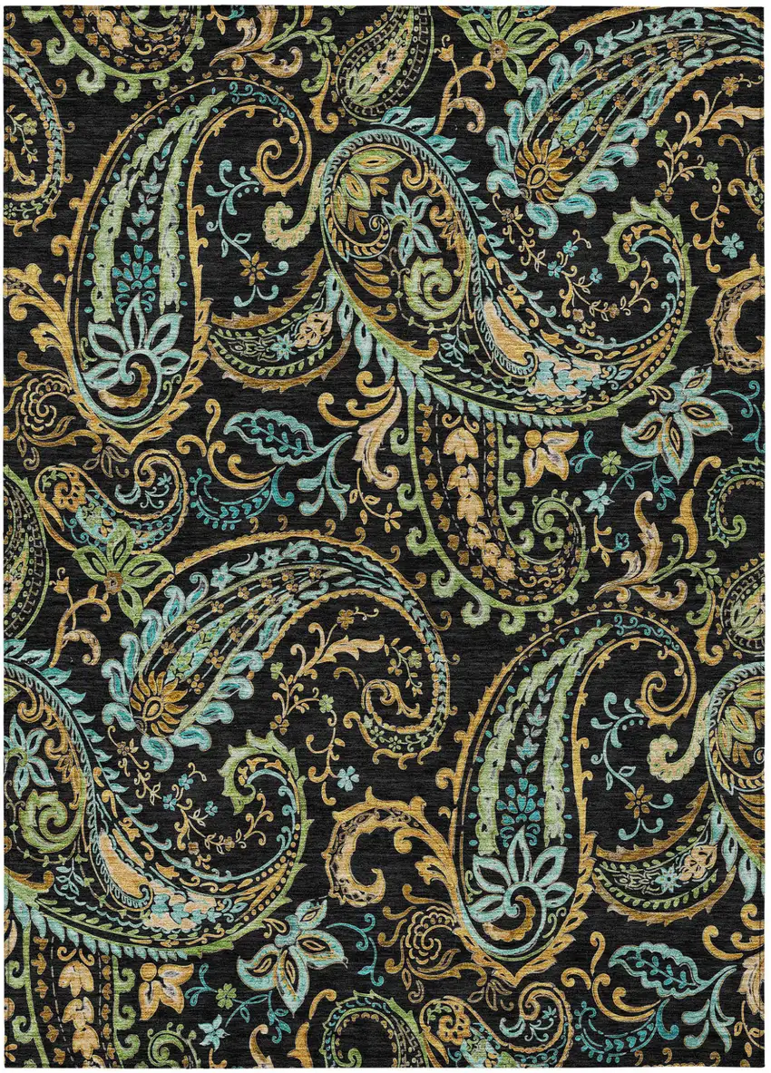 3' X 5' Black and Gold Paisley Washable Non Skid Indoor Outdoor Area Rug Photo 2