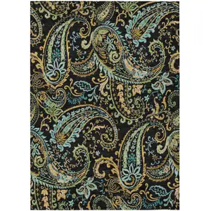 Photo of 3' X 5' Black and Gold Paisley Washable Non Skid Indoor Outdoor Area Rug