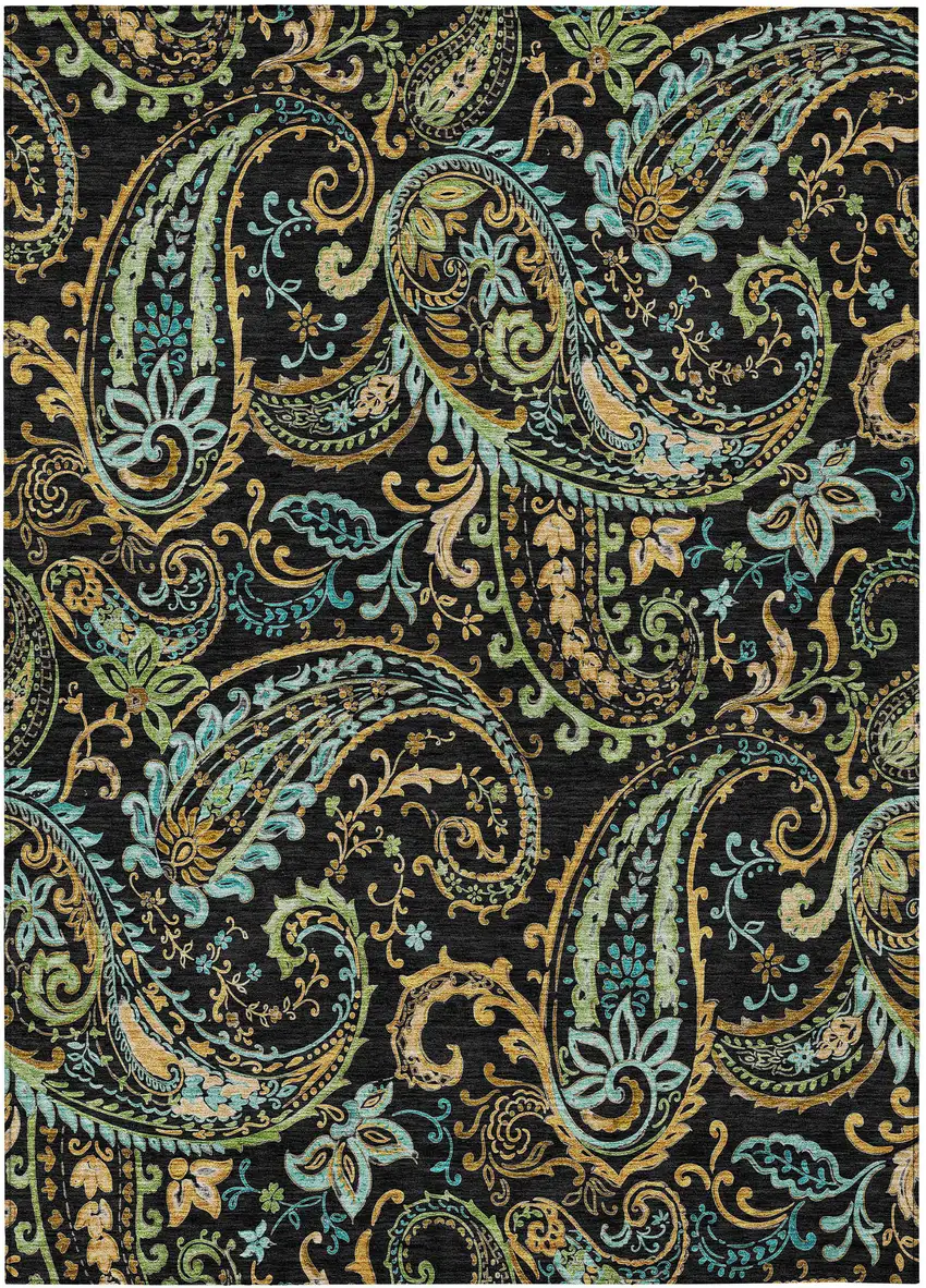 3' X 5' Black and Gold Paisley Washable Non Skid Indoor Outdoor Area Rug Photo 2