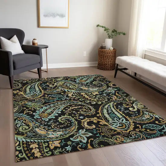 Black and Gold Paisley Washable Indoor Outdoor Area Rug Photo 9