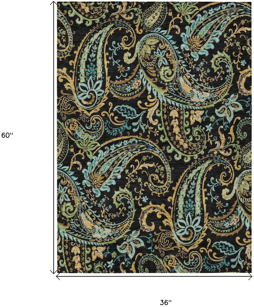 Black and Gold Paisley Washable Indoor Outdoor Area Rug Photo 3
