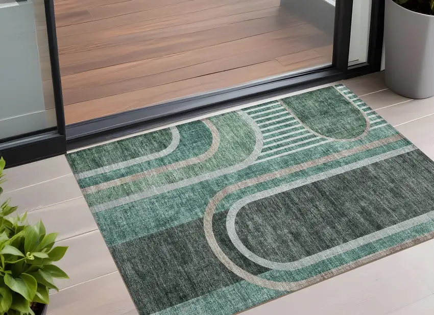 3' X 4' Black and Green Abstract Washable Non Skid Indoor Outdoor Area Rug Photo 1