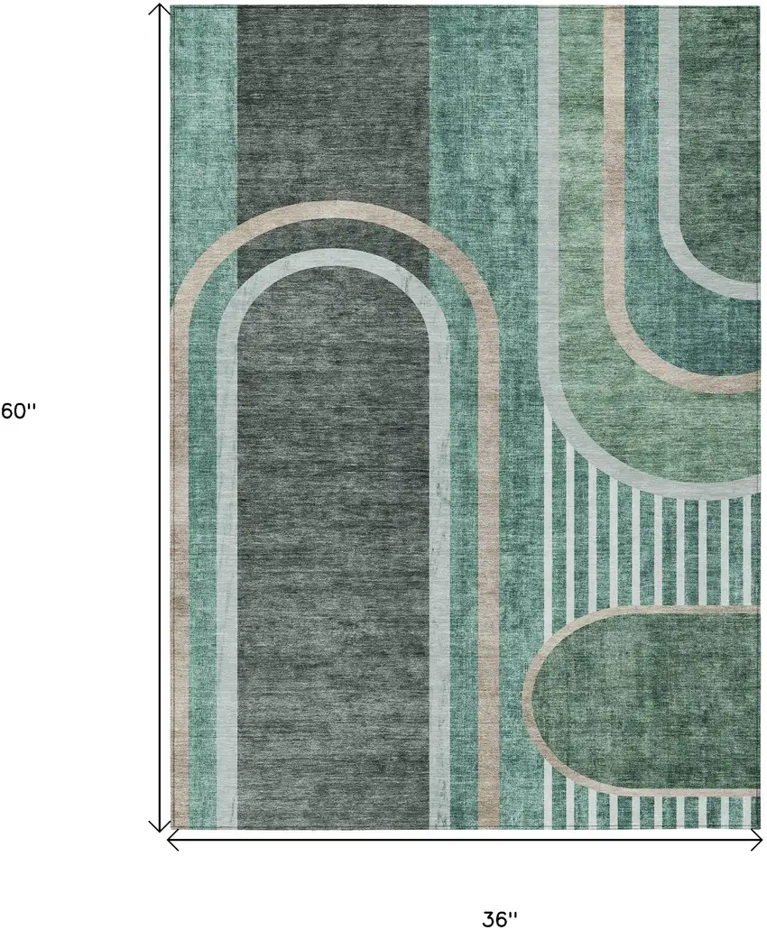 3' X 5' Black and Green Abstract Washable Non Skid Indoor Outdoor Area Rug Photo 3