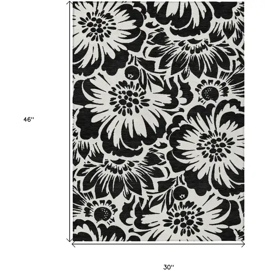 3' X 4' Black and Ivory Floral Washable Non Skid Indoor Outdoor Area Rug Photo 3