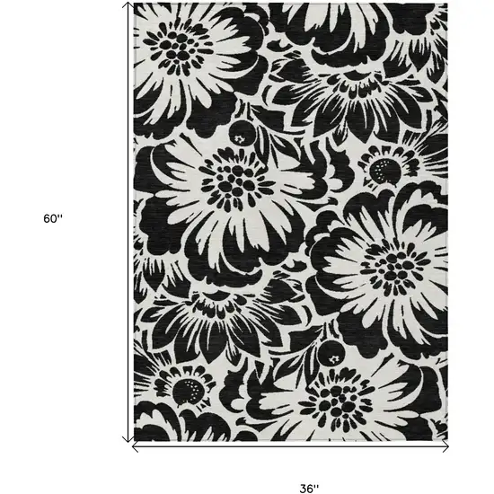 Black and Ivory Floral Washable Non Skid Indoor Outdoor Area Rug Photo 3