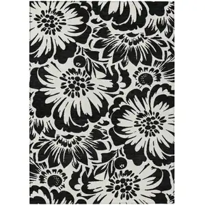 Photo of 3' X 5' Black and Ivory Floral Washable Non Skid Indoor Outdoor Area Rug