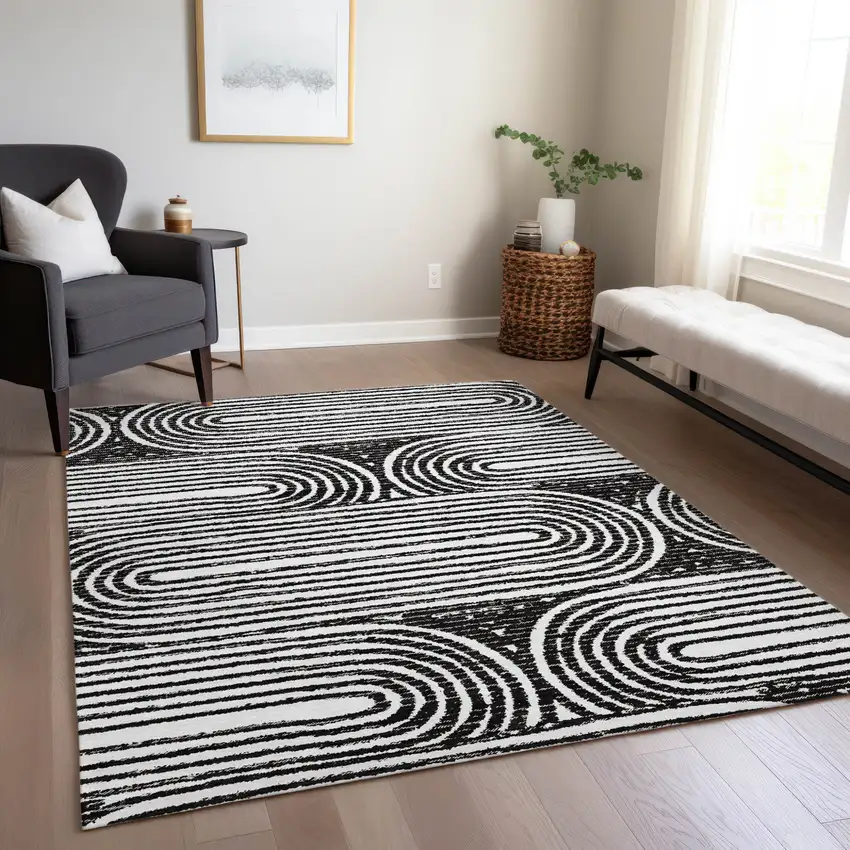 Black and White Abstract Washable Non Skid Indoor Outdoor Area Rug Photo 9