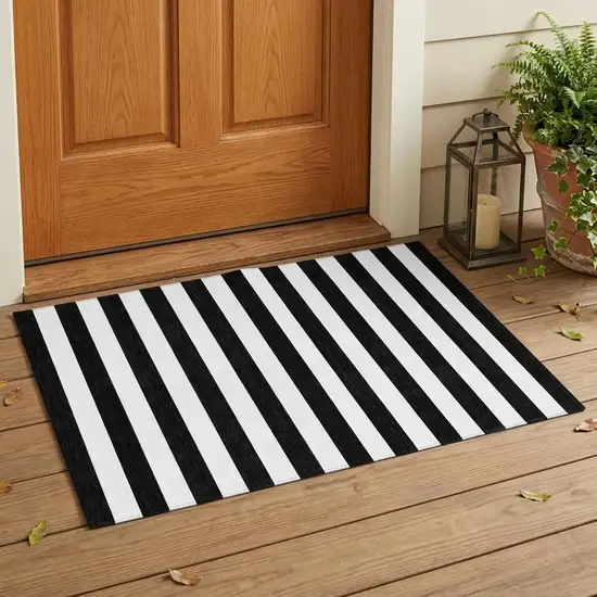Black and White Striped Washable Non Skid Indoor Outdoor Area Rug Photo 1