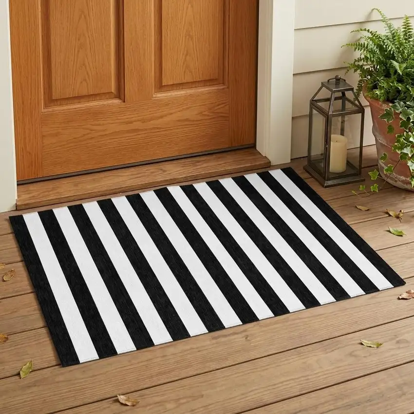 Black and White Striped Washable Non Skid Indoor Outdoor Area Rug Photo 1