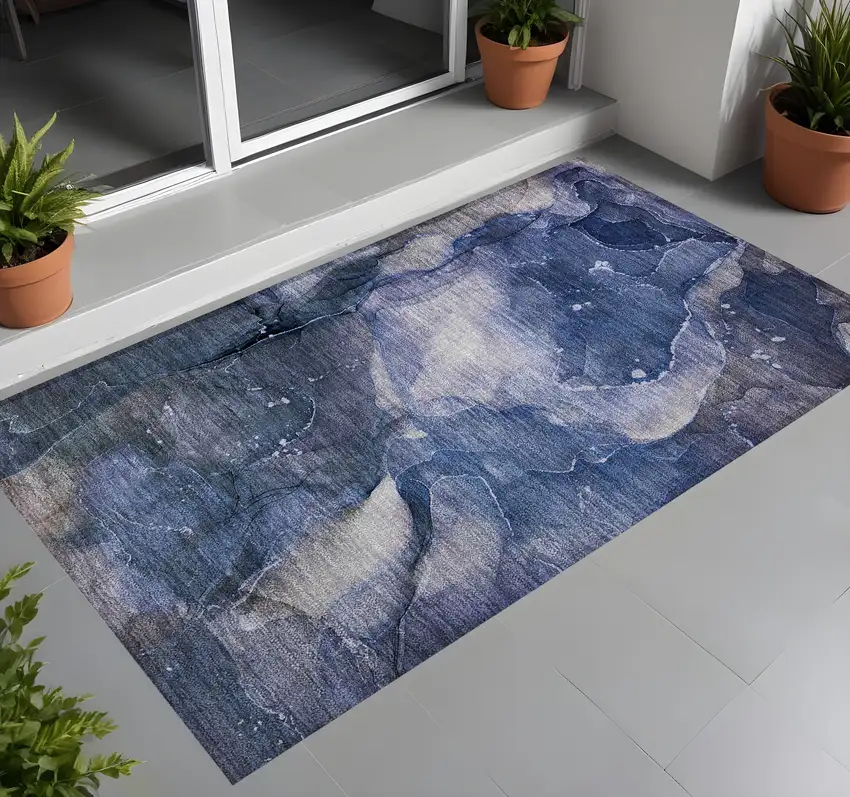 3' X 5' Blue Abstract Washable Non Skid Indoor Outdoor Area Rug Photo 1