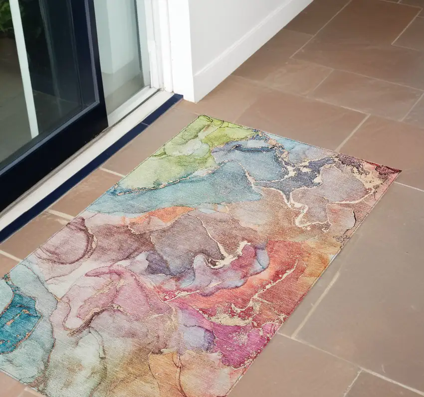 3' X 4' Blue Abstract Washable Non Skid Indoor Outdoor Area Rug Photo 1