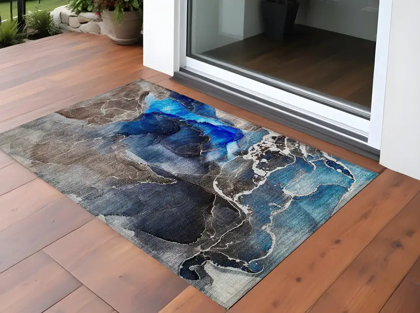 3' X 5' Blue Abstract Washable Non Skid Indoor Outdoor Area Rug Photo 1