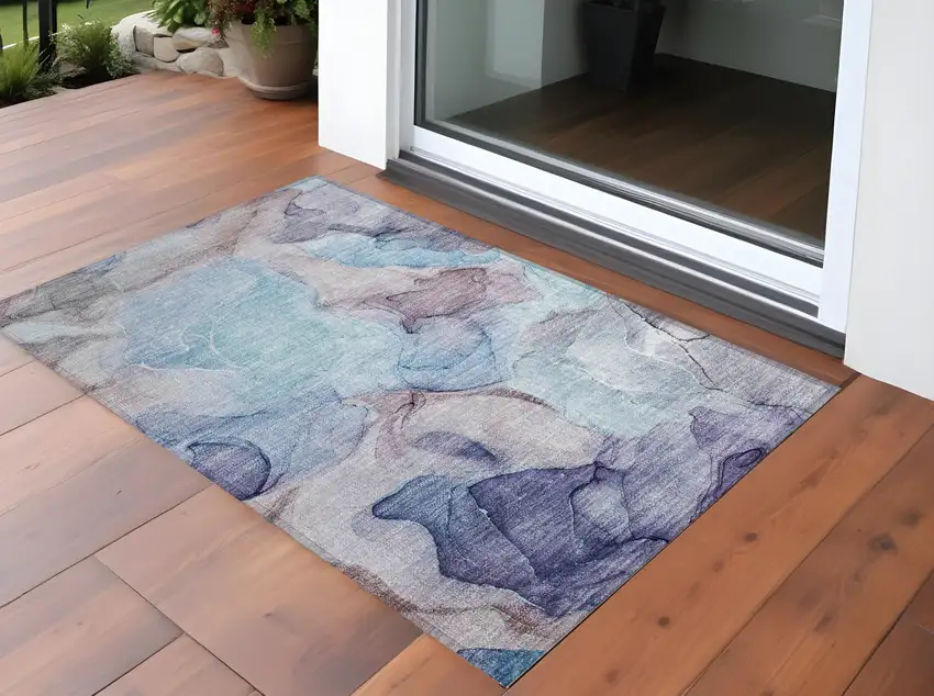 Blue Abstract Washable Non Skid Indoor Outdoor Area Rug Photo 1