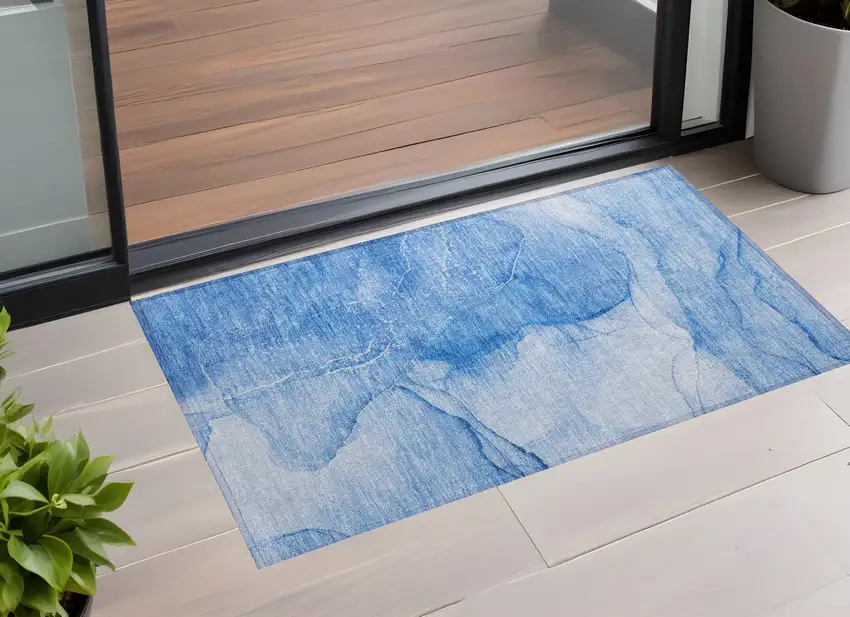 3' X 5' Blue Abstract Washable Non Skid Indoor Outdoor Area Rug Photo 1