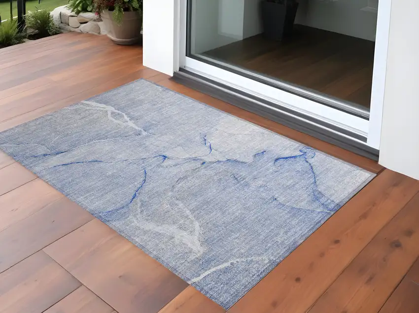 Blue Abstract Washable Non Skid Indoor Outdoor Area Rug Photo 1