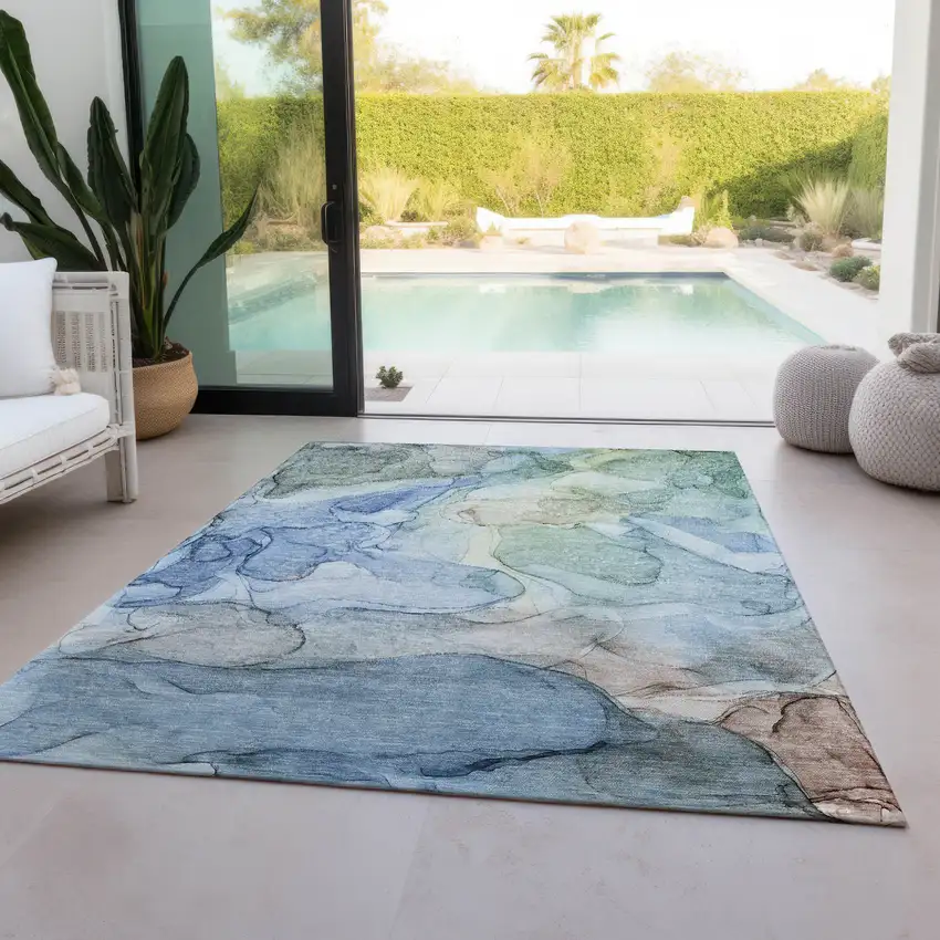 Blue Abstract Washable Non Skid Indoor Outdoor Area Rug Photo 9