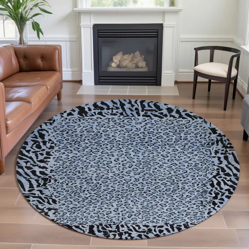 8' X 8' Blue And Black Animal Print Washable Round Rug With UV Protection Photo 4