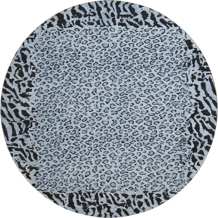 8' X 8' Blue And Black Animal Print Washable Round Rug With UV Protection Photo 1
