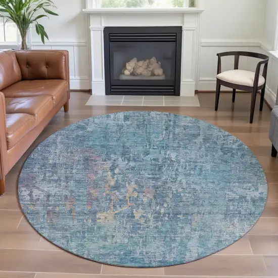 8' X 8' Blue And Gold Abstract Washable Round Rug With UV Protection Photo 4