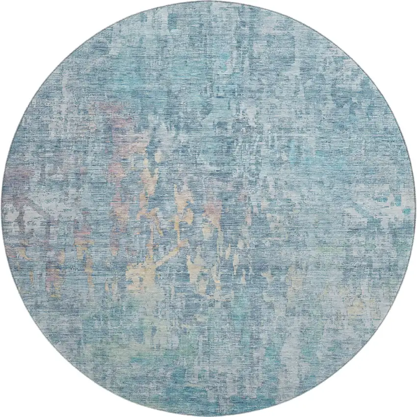 8' X 8' Blue And Gold Abstract Washable Round Rug With UV Protection Photo 1