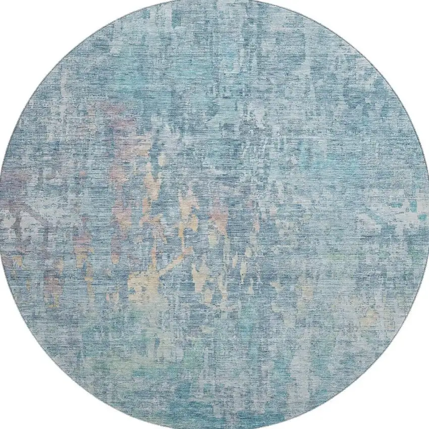 8' X 8' Blue And Gold Abstract Washable Round Rug With UV Protection Photo 2