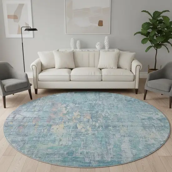 8' X 8' Blue And Gold Abstract Washable Round Rug With UV Protection Photo 2