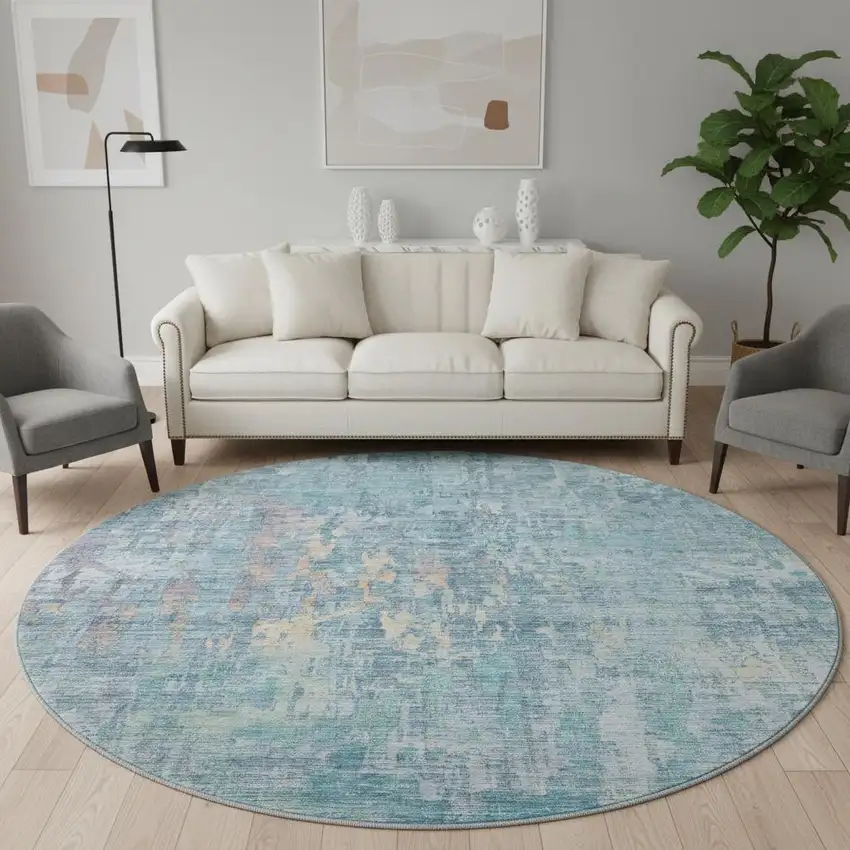 8' X 8' Blue And Gold Abstract Washable Round Rug With UV Protection Photo 2