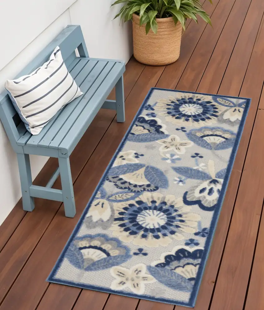 6' Blue And Gray Indoor Outdoor Runner Rug Photo 2