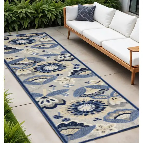 8' Blue And Gray Indoor Outdoor Runner Rug Photo 2