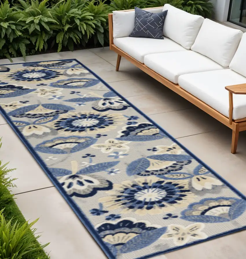 8' Blue And Gray Indoor Outdoor Runner Rug Photo 2
