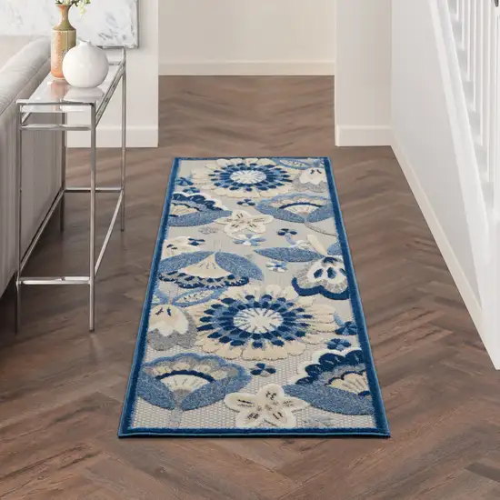 2' X 8' Blue And Grey Floral Non Skid Indoor Outdoor Runner Rug Photo 9