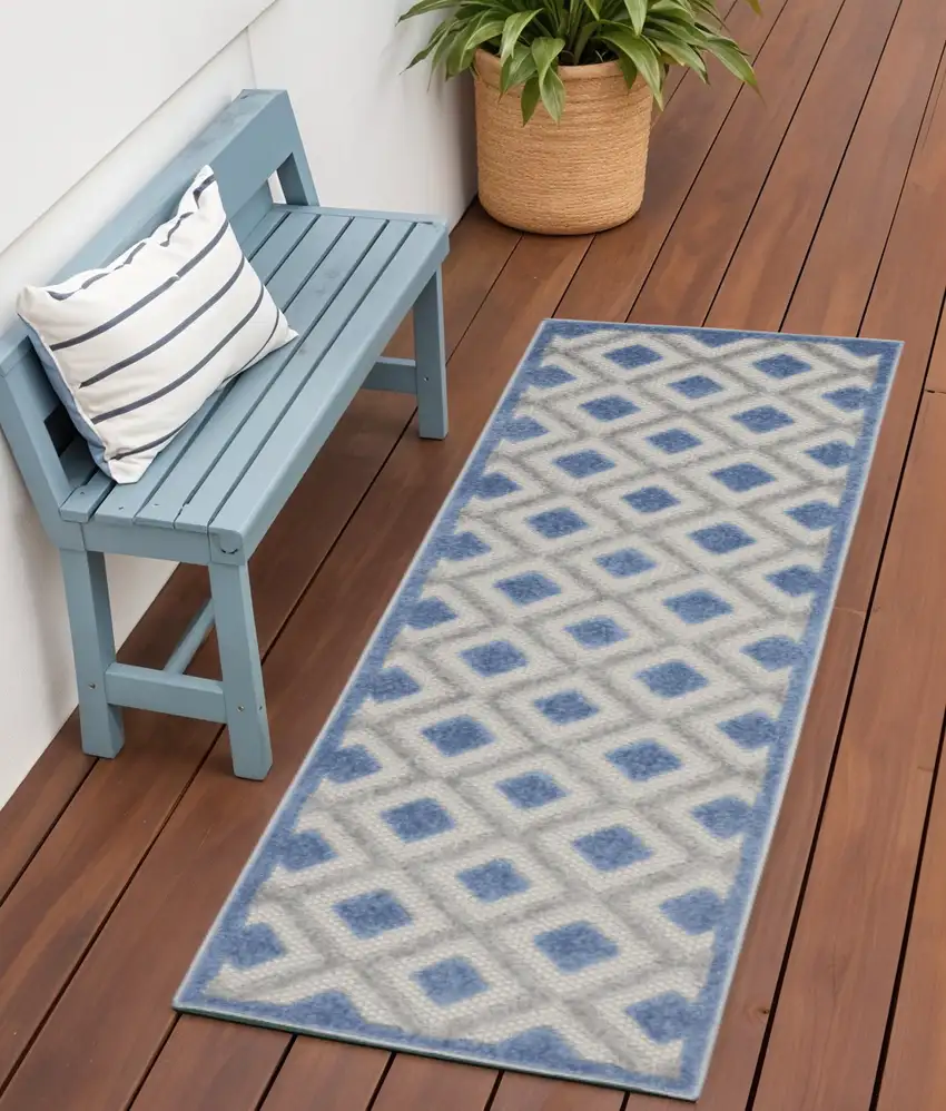 6' Blue And Gray Indoor Outdoor Runner Rug Photo 2