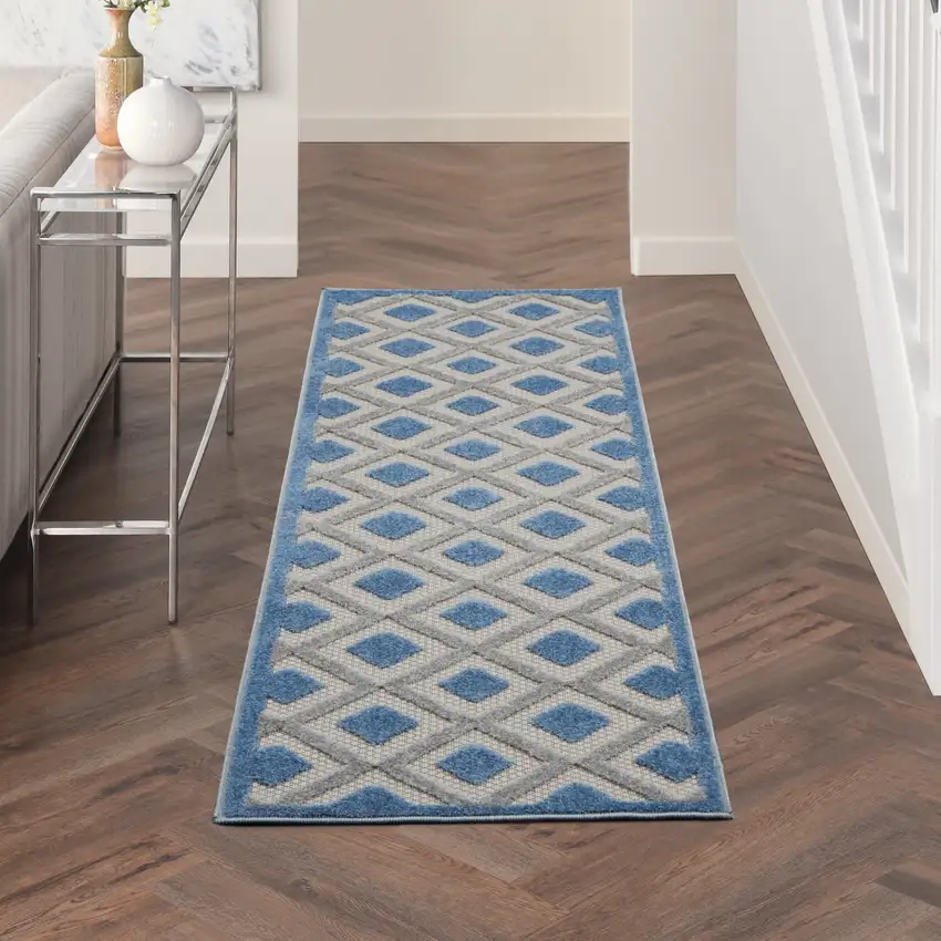 8' Blue And Gray Indoor Outdoor Runner Rug Photo 8