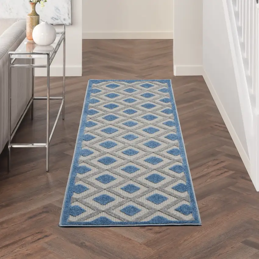 2' X 8' Blue And Grey Gingham Non Skid Indoor Outdoor Runner Rug Photo 8