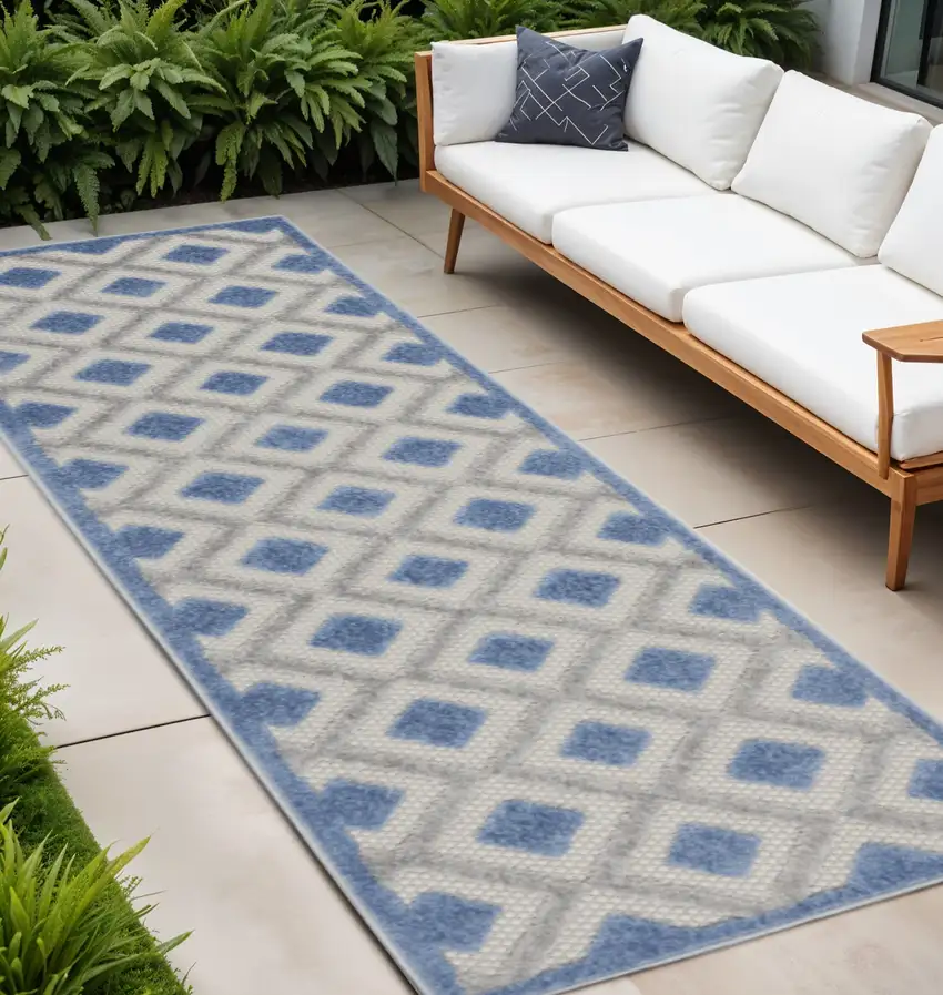 8' Blue And Gray Indoor Outdoor Runner Rug Photo 2