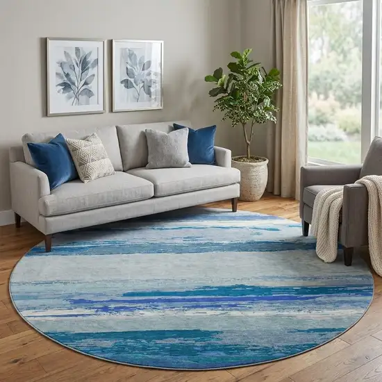 8' X 8' Blue And Ivory Abstract Washable Round Rug With UV Protection Photo 1