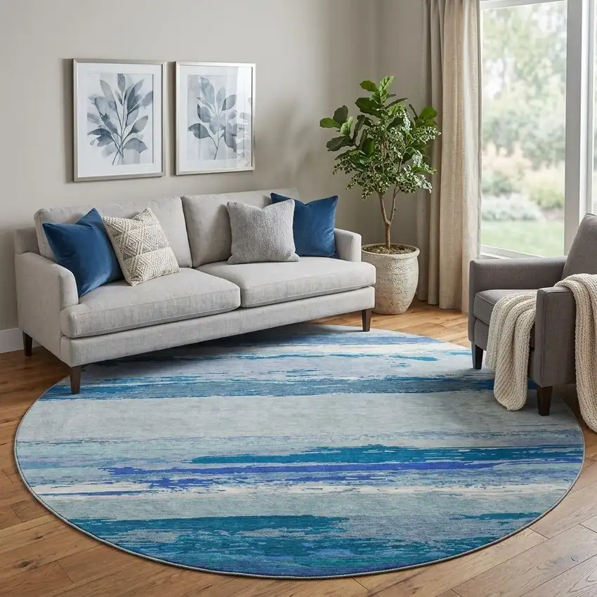 8' X 8' Blue And Ivory Abstract Washable Round Rug With UV Protection Photo 1
