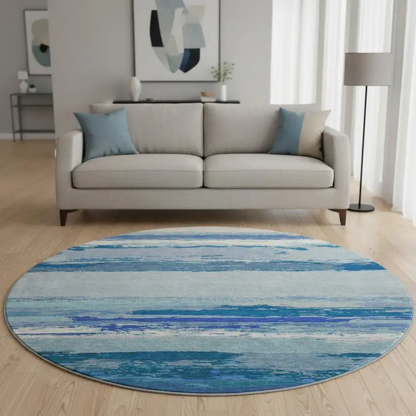 8' X 8' Blue And Ivory Abstract Washable Round Rug With UV Protection Photo 2
