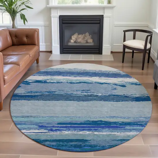 8' X 8' Blue And Ivory Abstract Washable Round Rug With UV Protection Photo 4