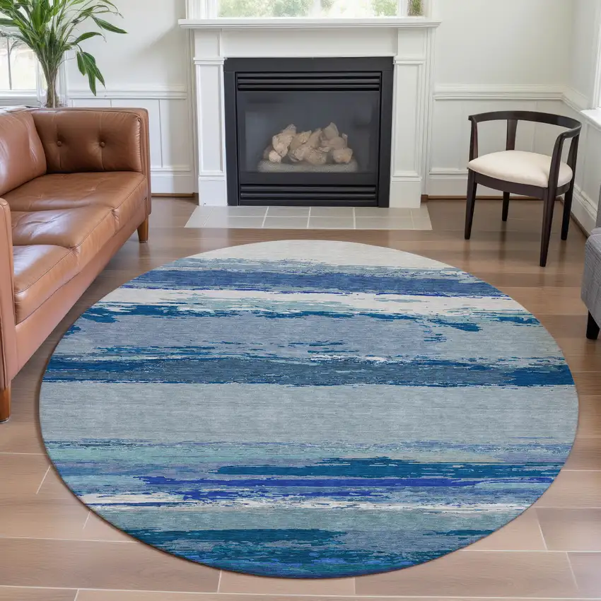 8' X 8' Blue And Ivory Abstract Washable Round Rug With UV Protection Photo 4