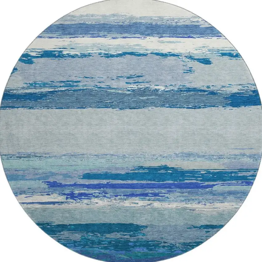 8' X 8' Blue And Ivory Abstract Washable Round Rug With UV Protection Photo 3