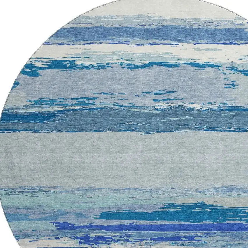 8' X 8' Blue And Ivory Abstract Washable Round Rug With UV Protection Photo 2