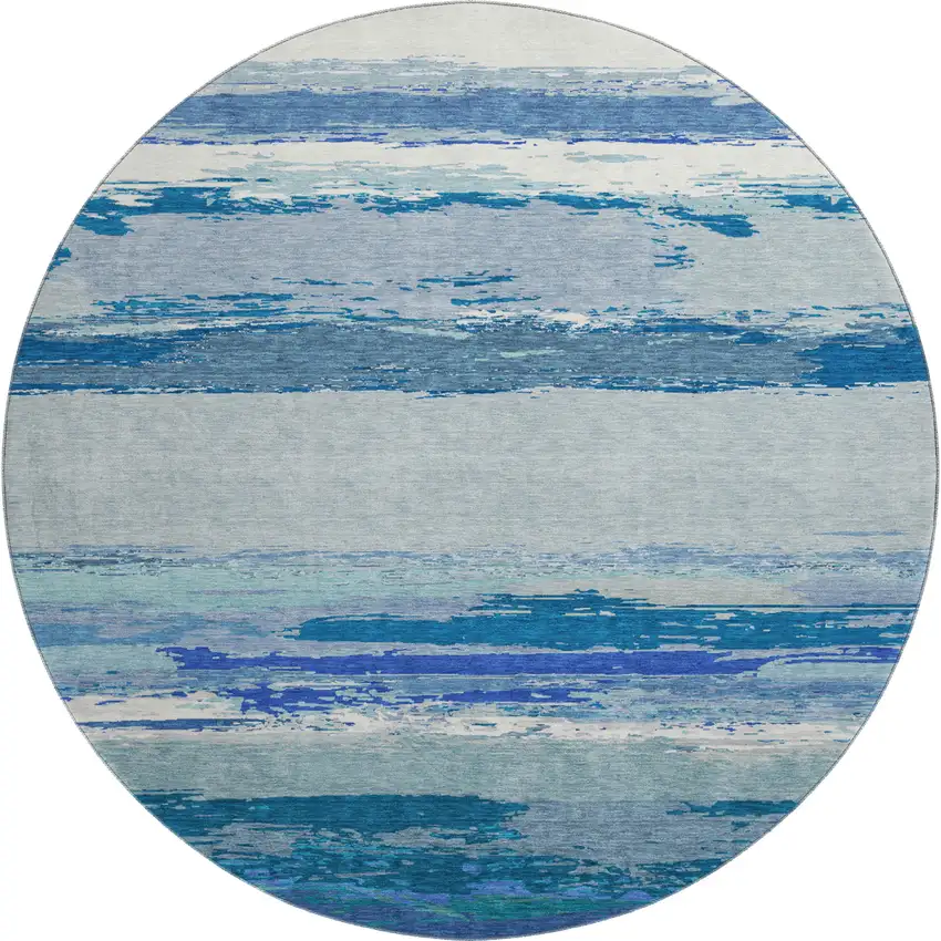 8' X 8' Blue And Ivory Abstract Washable Round Rug With UV Protection Photo 1