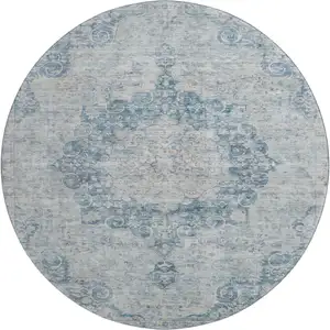 Photo of 8' X 8' Blue And Ivory Floral Washable Round Rug With UV Protection