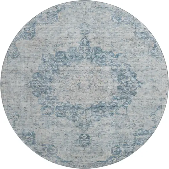 8' X 8' Blue And Ivory Floral Washable Round Rug With UV Protection Photo 1