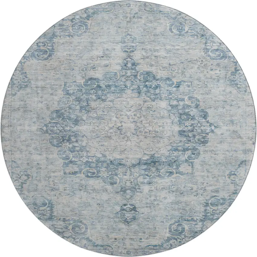 8' X 8' Blue And Ivory Floral Washable Round Rug With UV Protection Photo 1