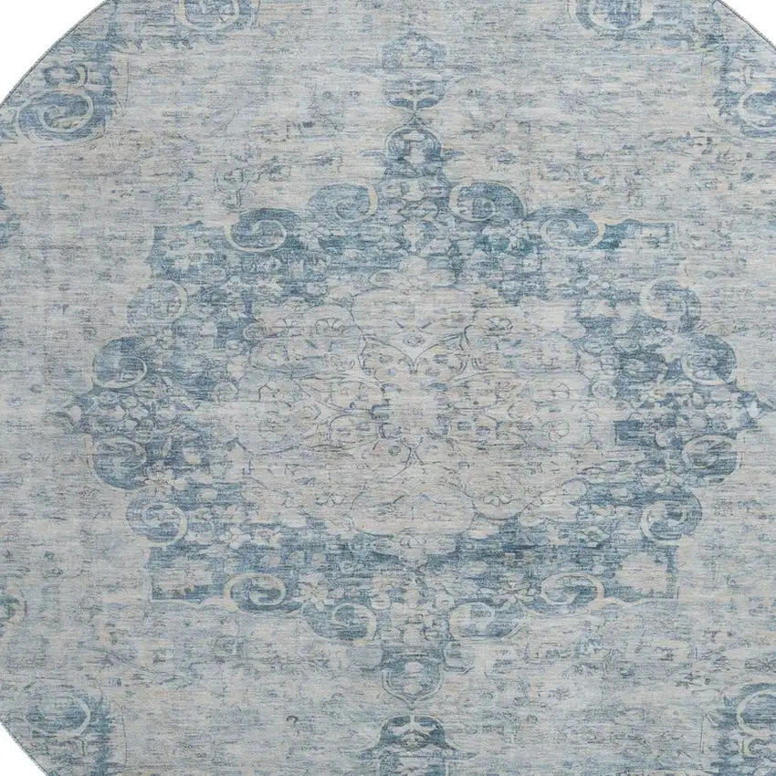 8' X 8' Blue And Ivory Floral Washable Round Rug With UV Protection Photo 2